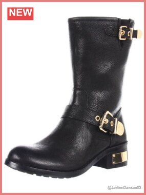 Leather Motorcycle Boots with Block Heel - Womens Shoes